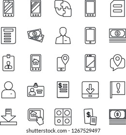 Thin Line Icon Set - mobile phone vector, identity card, document, important flag, cash, tracking, cell, user, download, application, restaurant receipt, home control app