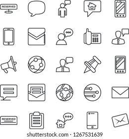 Thin Line Icon Set - mobile phone vector, speaking man, mail, office, loudspeaker, network, cell, speaker, paper pin, message, clipboard, reserved, home