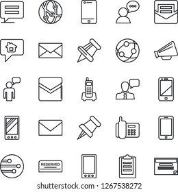 Thin Line Icon Set - mobile phone vector, speaking man, mail, office, loudspeaker, network, cell, speaker, paper pin, message, clipboard, reserved, home, schedule