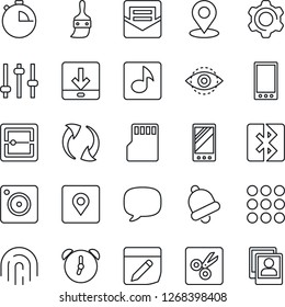 Thin Line Icon Set - mobile vector, menu, message, update, camera, settings, tuning, themes, alarm, stopwatch, bell, mail, scanner, sd, notes, download, cut, bluetooth, place tag, eye id, music