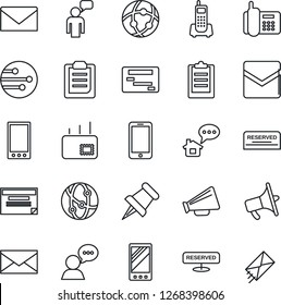 Thin Line Icon Set - mobile phone vector, speaking man, mail, office, loudspeaker, network, speaker, paper pin, clipboard, reserved, home message, schedule