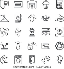 Thin Line Icon Set - mobile tracking vector, wireless lock, irrigation, water heater, air conditioner, intercome, washer, outdoor lamp, garage gate control, eye scan, sun panel, door, group, tie