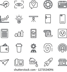 Thin Line Icon Set - mobile tracking vector, phone back, home control, socket, wireless, intercome, app, water filter, eye scan, fridge, sun panel, sprinkler, fingerprint, arrow up graph, rocket