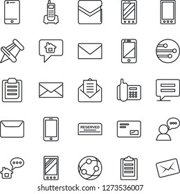 Thin Line Icon Set - mobile phone vector, mail, office, network, cell, speaker, paper pin, message, clipboard, reserved, home