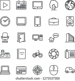 Thin Line Icon Set - mobile phone vector, office building, mouse, calendar, tree, bike, earth, term, tv, speaker, play button, camera, case, copybook, clock, target, notebook pc, door, home message