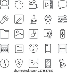 Thin Line Icon Set - mobile vector, phone back, message, gallery, protect, tuning, themes, calculator, clock, alarm, stopwatch, scanner, folder, notes, torch, face id, music, video, charge