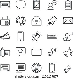 Thin Line Icon Set - mobile phone vector, speaking man, mail, office, loudspeaker, network, cell, speaker, paper pin, message, clipboard, reserved, home, schedule
