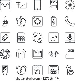 Thin Line Icon Set - mobile vector, call, update, camera, themes, alarm, stopwatch, mail, scanner, sd, sim, calendar, notes, download, wireless, compass, fingerprint id, music, cellular signal