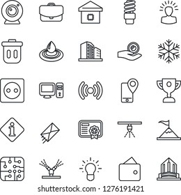 Thin Line Icon Set - mobile tracking vector, smart home, chip, socket, irrigation, wireless, web camera, snowflake, pc, water, energy saving bulb, trash bin, information, sprinkler, shining head
