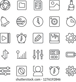 Thin Line Icon Set - mobile camera vector, gallery, settings, tuning, themes, clock, alarm, stopwatch, bell, scanner, sim, network, folder, notes, data exchange, compass, face id, video, battery