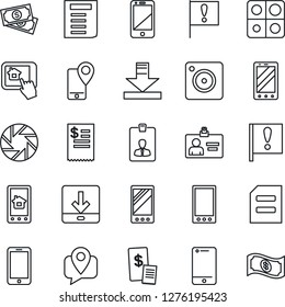 Thin Line Icon Set - mobile phone vector, identity card, document, important flag, cash, tracking, cell, camera, download, application, restaurant receipt, home control app
