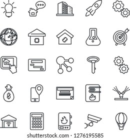 Thin Line Icon Set - mobile tracking vector, smart home, irrigation, water heater, control app, gear, bulb, garage gate, surveillance, message, target, rocket, money bag, earth, flask, calculator