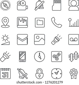 Thin Line Icon Set - mobile vector, call, gallery, clock, mail, record, scanner, sd, folder, calendar, data exchange, torch, mute, brightness, cut, place tag, compass, lock, face id, video