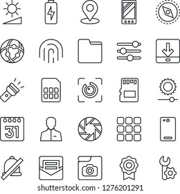 Thin Line Icon Set - mobile vector, phone back, menu, camera, tuning, user, mail, sd, sim, network, folder, calendar, download, torch, mute, brightness, place tag, compass, eye id, fingerprint