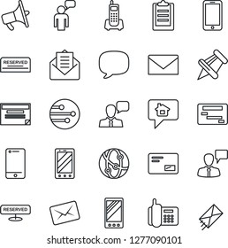 Thin Line Icon Set - mobile phone vector, speaking man, mail, office, loudspeaker, network, cell, speaker, paper pin, message, clipboard, reserved, home, schedule