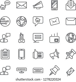 Thin Line Icon Set - mobile phone vector, speaking man, mail, office, loudspeaker, network, speaker, paper pin, message, clipboard, reserved, home