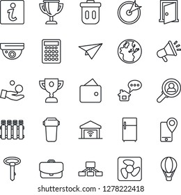 Thin Line Icon Set - mobile tracking vector, fan, water filter, radiator, garage gate control, trash bin, fridge, door, information, surveillance, home message, target, consumer search, wallet, case