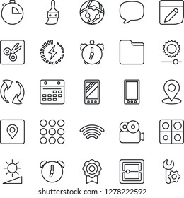 Thin Line Icon Set - mobile vector, menu, message, update, themes, alarm, stopwatch, scanner, network, folder, calendar, notes, wireless, brightness, cut, place tag, video, charge, application