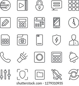 Thin Line Icon Set - mobile vector, phone back, call, menu, message, protect, tuning, user, calculator, clock, bell, record, sim, network, folder, calendar, notes, torch, mute, lock, face id, video