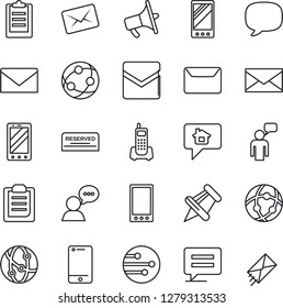Thin Line Icon Set - mobile phone vector, speaking man, mail, office, loudspeaker, network, cell, speaker, paper pin, message, clipboard, reserved, home