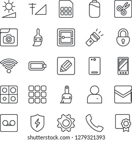 Thin Line Icon Set - mobile vector, phone back, call, menu, protect, settings, themes, user, mail, record, scanner, sim, notes, wireless, torch, brightness, cut, lock, photo gallery, cellular signal