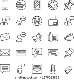 Thin Line Icon Set - mobile phone vector, speaking man, mail, office, loudspeaker, network, cell, speaker, paper pin, message, reserved, home, schedule
