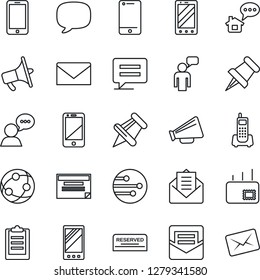Thin Line Icon Set - mobile phone vector, speaking man, mail, office, loudspeaker, network, cell, speaker, paper pin, message, clipboard, reserved, home, schedule
