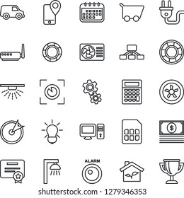 Thin Line Icon Set - mobile tracking vector, sim, eco house, power plug, fan, router, air conditioner, pc, gear, bulb, outdoor lamp, eye scan, alarm led, sprinkler, target, calendar, cart, cash, car