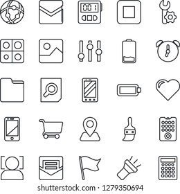Thin Line Icon Set - mobile phone vector, document search, heart, navigation, settings, cell, low battery, stop button, gallery, themes, alarm, stopwatch, mail, network, folder, torch, face id, cart