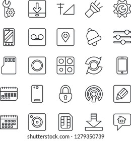 Thin Line Icon Set - mobile phone vector, term, back, camera, tuning, bell, record, sd, sim, notes, download, torch, place tag, lock, cellular signal, application, root setup, update, calendar