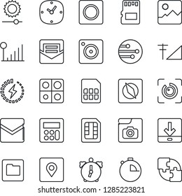 Thin Line Icon Set - mobile camera vector, gallery, calculator, clock, alarm, stopwatch, mail, record, sd, sim, network, folder, download, brightness, place tag, compass, eye id, photo, charge