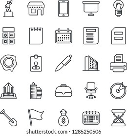 Thin Line Icon Set - mobile phone vector, office building, identity card, chair, pedestal, calculator, pen, notepad, document, presentation board, bulb, job, stamp, printer, target, money bag, flag