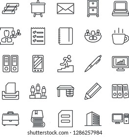 Thin Line Icon Set - mobile phone vector, mail, office building, pedestal, binder, desk, notepad, document, presentation board, coffee, case, company, monitor statistics, hr, checklist, paper, tray