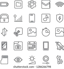 Thin Line Icon Set - mobile vector, phone back, gallery, protect, settings, stopwatch, mail, sd, folder, calendar, data exchange, wireless, mute, brightness, cut, lock, eye id, music, photo, battery