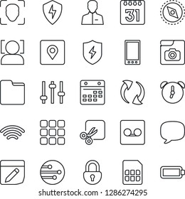 Thin Line Icon Set - mobile vector, menu, message, update, protect, tuning, user, alarm, record, sim, network, folder, calendar, notes, wireless, cut, place tag, compass, lock, face id, battery