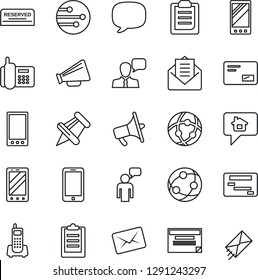 Thin Line Icon Set - mobile phone vector, speaking man, office, loudspeaker, network, speaker, paper pin, mail, message, clipboard, reserved, home, schedule