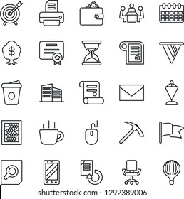 Thin Line Icon Set - mobile phone vector, mail, pennant, document search, abacus, mouse, coffee, calendar, reload, printer, contract, meeting, office building, target, wallet, pennon, chair, flag