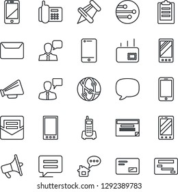 Thin Line Icon Set - mobile phone vector, speaking man, office, loudspeaker, network, cell, speaker, paper pin, mail, message, clipboard, home, schedule