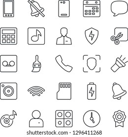 Thin Line Icon Set - mobile vector, phone back, call, message, camera, protect, themes, user, calculator, clock, bell, record, sd, calendar, wireless, torch, mute, cut, face id, music, charge