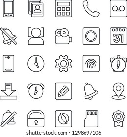 Thin Line Icon Set - mobile vector, phone back, call, settings, calculator, clock, alarm, bell, record, sd, calendar, notes, download, mute, place tag, compass, lock, face id, fingerprint, video
