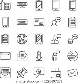 Thin Line Icon Set - mobile phone vector, speaking man, office, network, cell, speaker, paper pin, mail, clipboard, reserved, home message