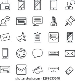 Thin Line Icon Set - mobile phone vector, mail, office, loudspeaker, network, cell, speaker, paper pin, message, clipboard, reserved, schedule