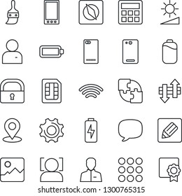 Thin Line Icon Set - mobile vector, phone back, menu, message, gallery, settings, themes, user, calculator, sim, notes, data exchange, wireless, brightness, place tag, compass, lock, face id, charge