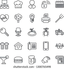 Thin Line Icon Set - mobile phone vector, office chair, bulb, calendar, printer, farm fork, glove, pond, heart pulse, ambulance car, virus, fruit tree, estate agent, key, sweet home, cook hat, beer