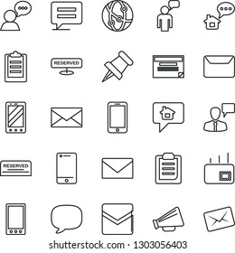 Thin Line Icon Set - mobile phone vector, speaking man, mail, loudspeaker, network, cell, speaker, paper pin, message, clipboard, reserved, home, schedule
