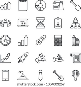 Thin Line Icon Set - mobile phone vector, identity card, growth statistic, hierarchy, calculator, notebook pc, notepad, tie, job, factory, circle chart, meeting, office building, arrow up graph