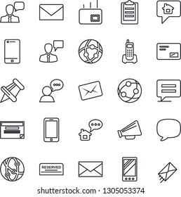 Thin Line Icon Set - mobile phone vector, speaking man, mail, office, loudspeaker, network, cell, speaker, paper pin, message, clipboard, reserved, home, schedule