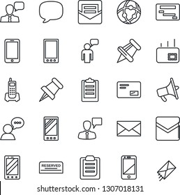 Thin Line Icon Set - mobile phone vector, speaking man, mail, office, loudspeaker, cell, speaker, paper pin, message, network, clipboard, reserved, schedule