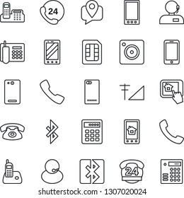 Thin Line Icon Set - mobile phone vector, 24 hours, support, tracking, radio, back, call, camera, sim, bluetooth, cellular signal, office, home control app, combination lock