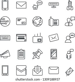 Thin Line Icon Set - mobile phone vector, speaking man, mail, office, loudspeaker, network, speaker, paper pin, clipboard, reserved, home message, schedule